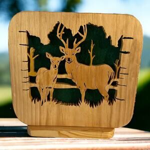 VTG Hand Carved Deer Buck Doe Wildlife 3D Woodland Scene Velvet Green Back